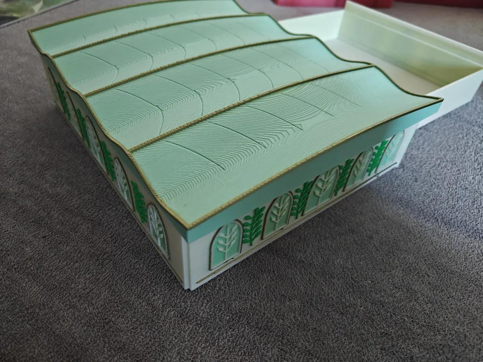 Elven seed archive — four-colour drawer box, pinned roof, no glue
