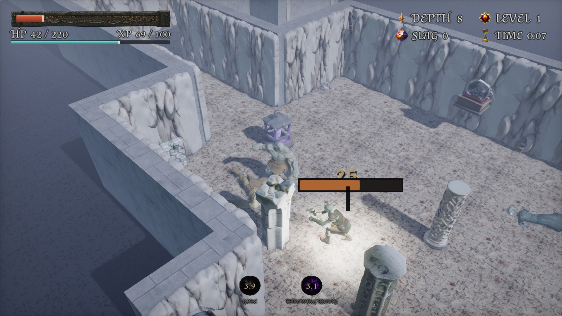 Fighting among the pillars at depth eight, health running low